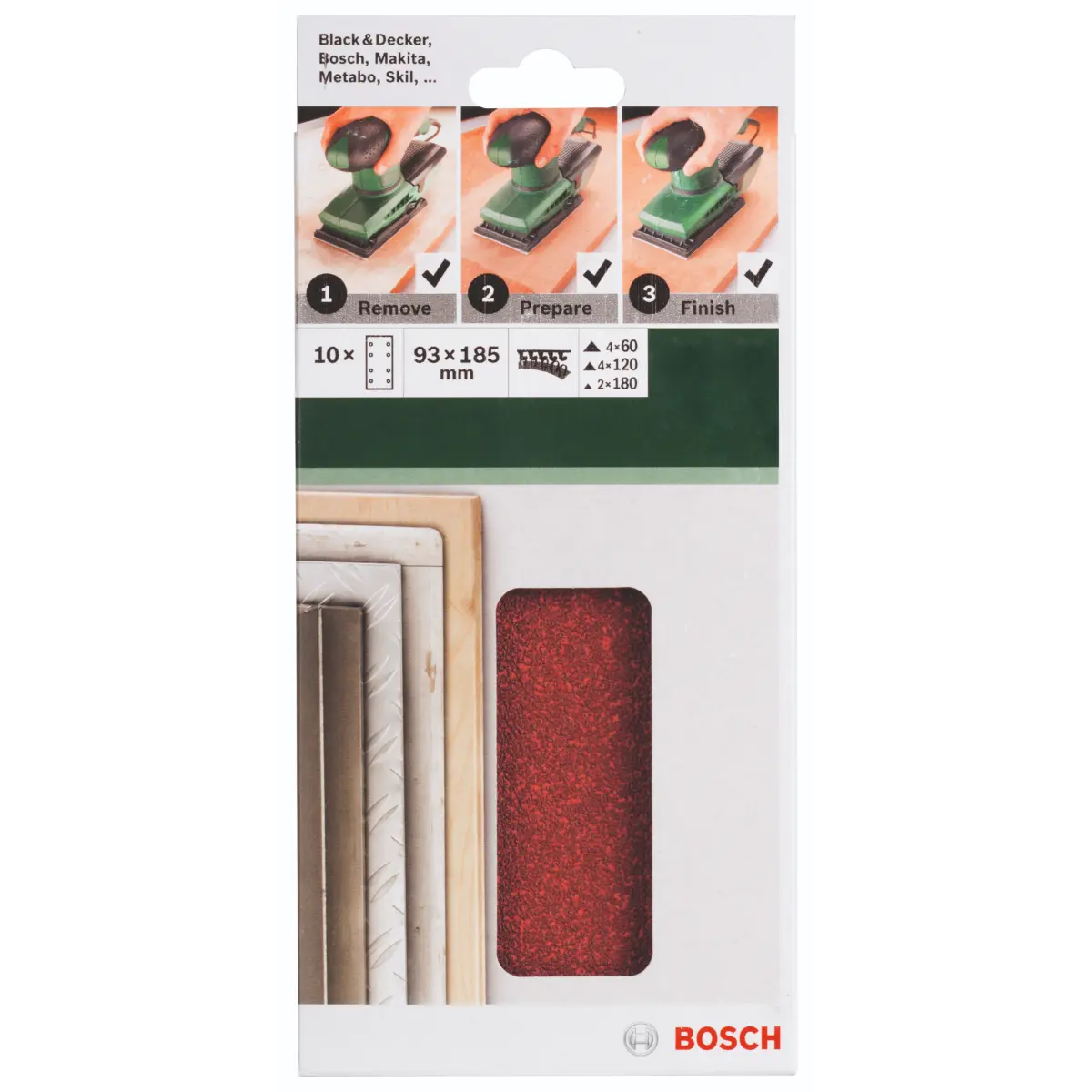 Bosch Schleifblatt-Set für Schwingschleifer K=60/120/180, 93 x 185 mm, 8 Loch, 10-tlg.
