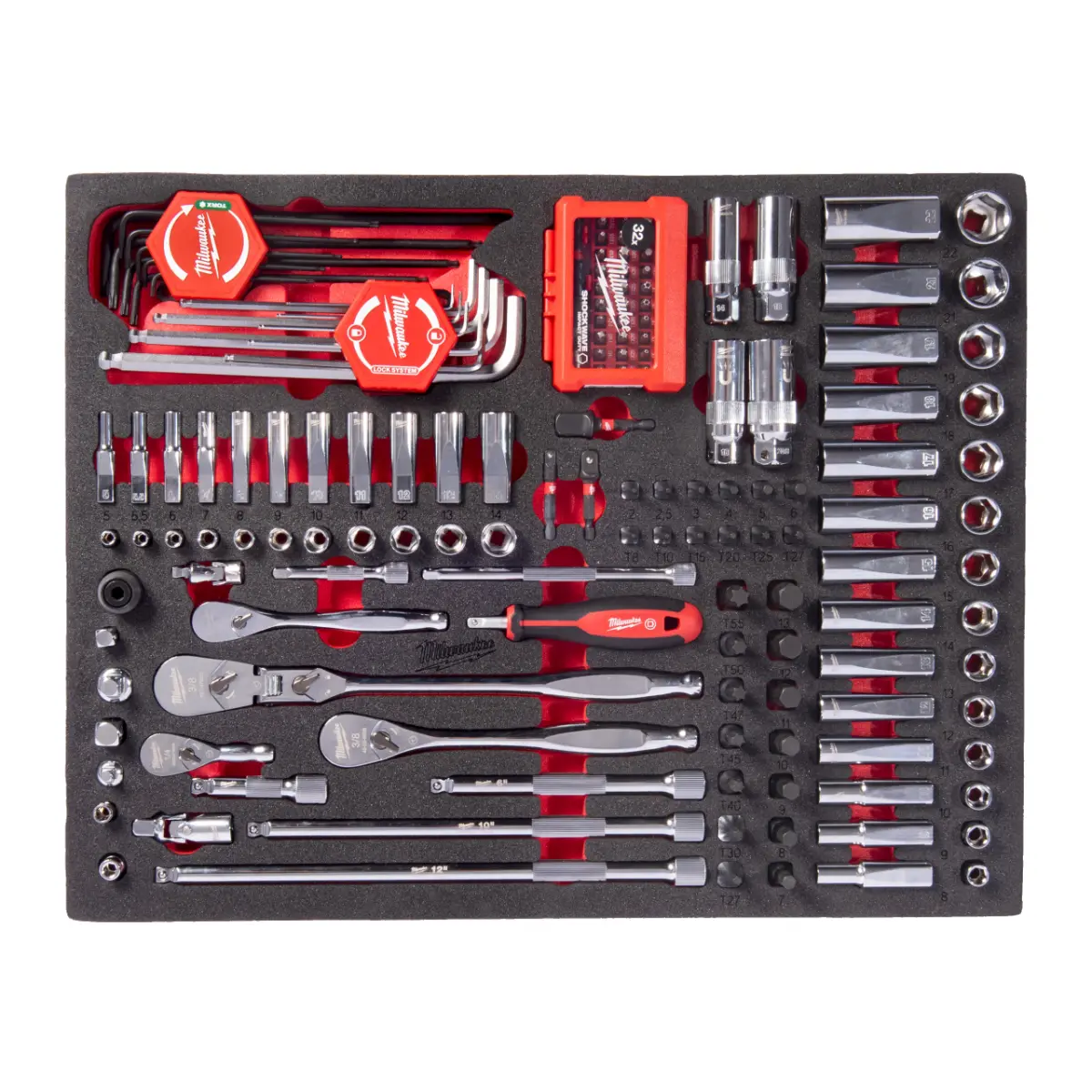 Milwaukee 1/4" & 3/8" Ratschen-, Bit- & Steckschlüsseleinsätze Einlage 153-teilige Einlage für Werkstattwagen