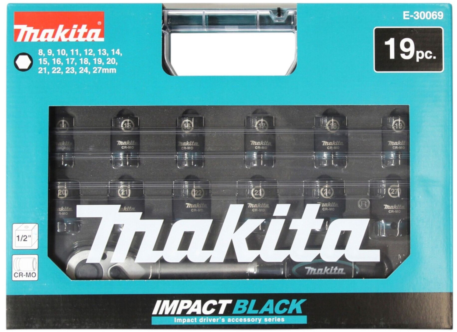 Makita Impact Black Schlagnuss-Set 1/2 Zoll mit Ratsche 19-teilig - E-30069