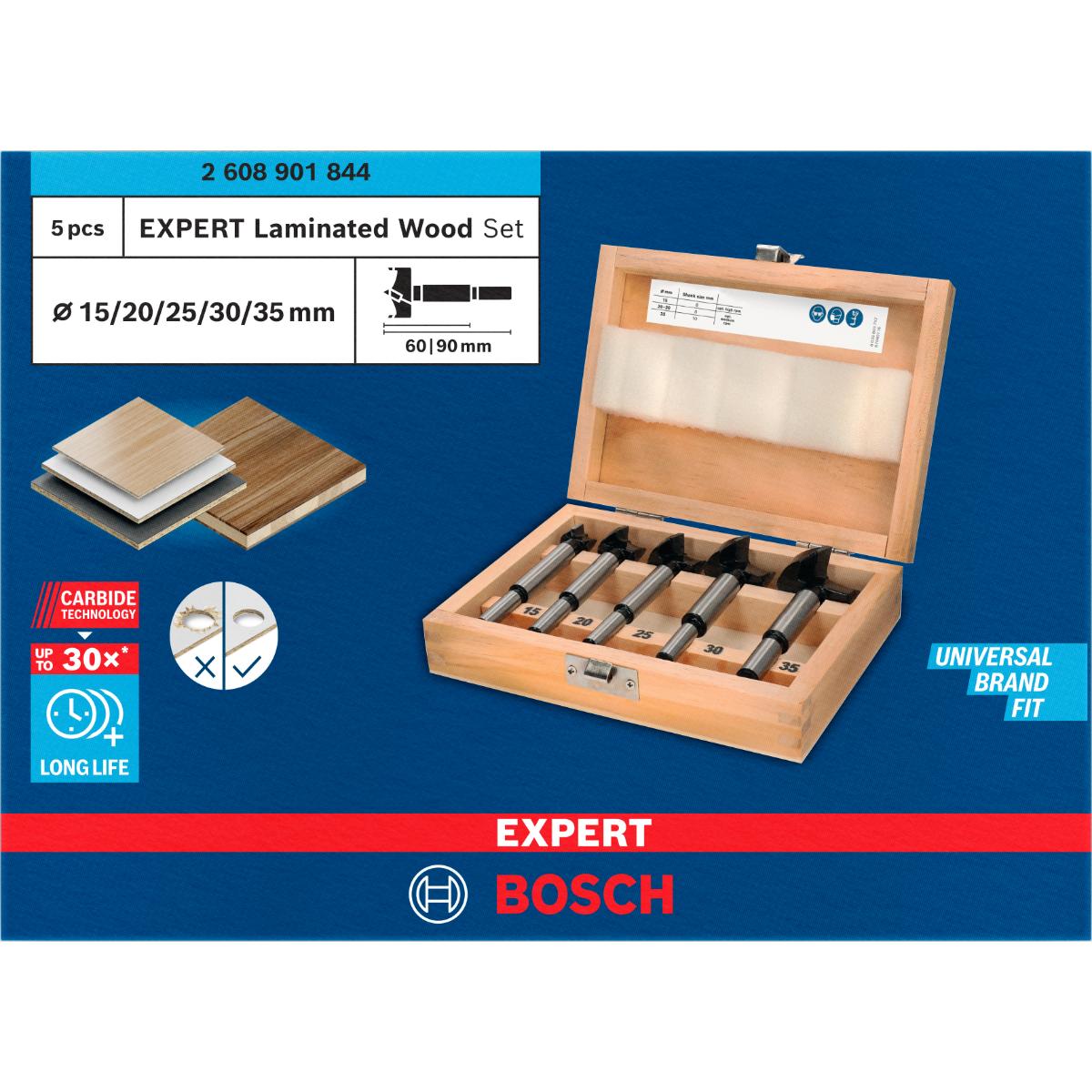2608901844BO Bosch EXPERT Laminated Wood Scharnierlochbohrersatz, 15/20/25/30/35 x 60 x 90 mm, 5 Stück