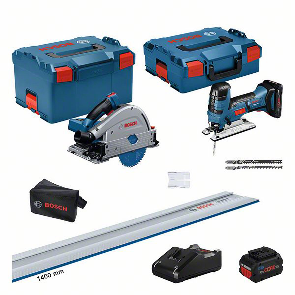 Bosch 18V kit: GKT + GST + FSN 1400 + 2 x PC (1 x 4,0 Ah +1 x 5,5 Ah) + GAL