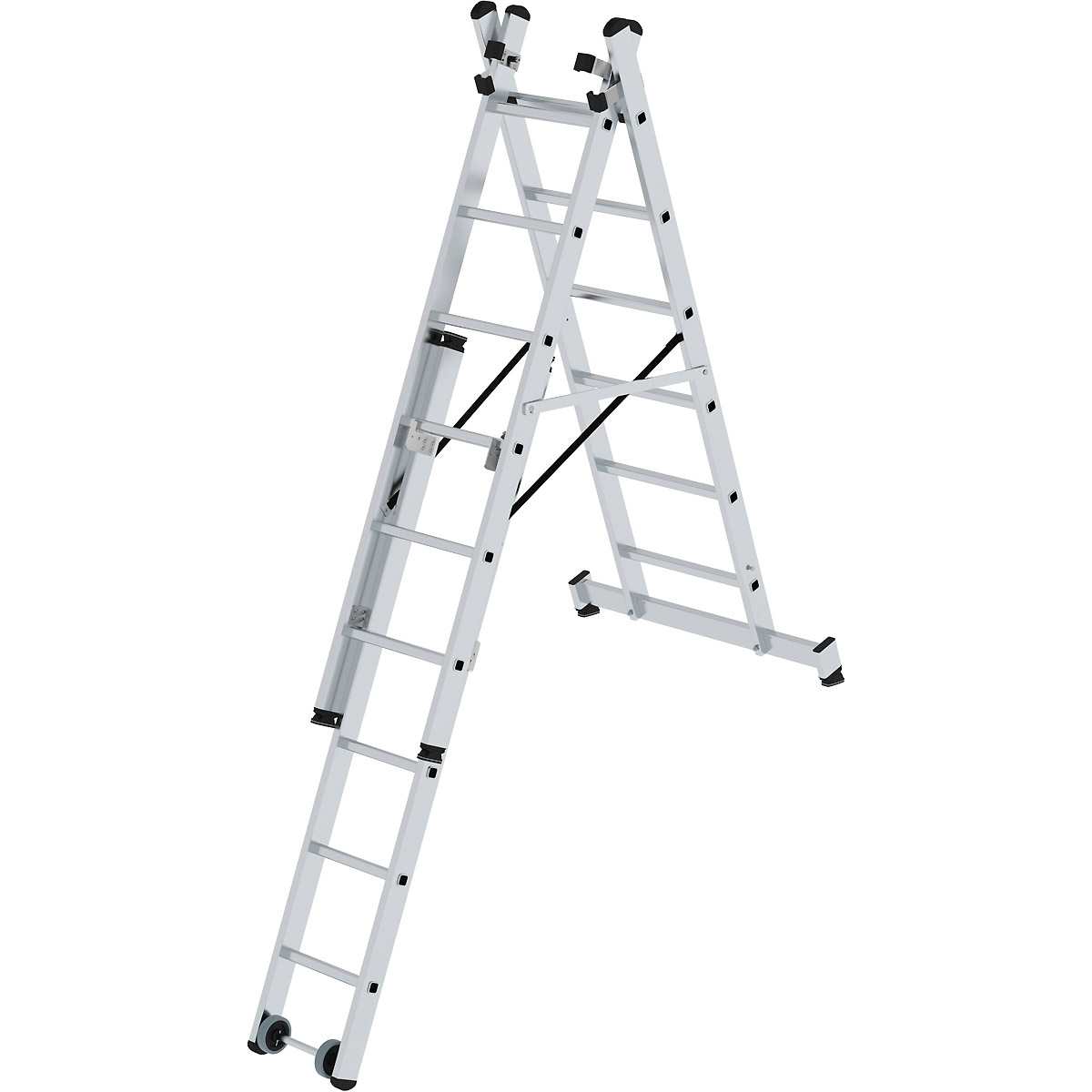Munk Sprossen-Mehrzweckleiter 3-teilig mit nivello®-Traverse und Wandlaufrollen