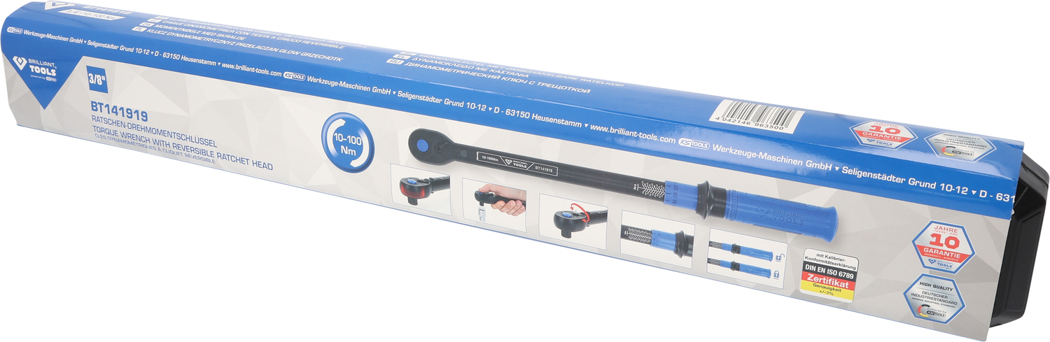 Brilliant Tools 3/8" Ratschen-Drehmomentschlüssel umschaltbar, 10-100 Nm