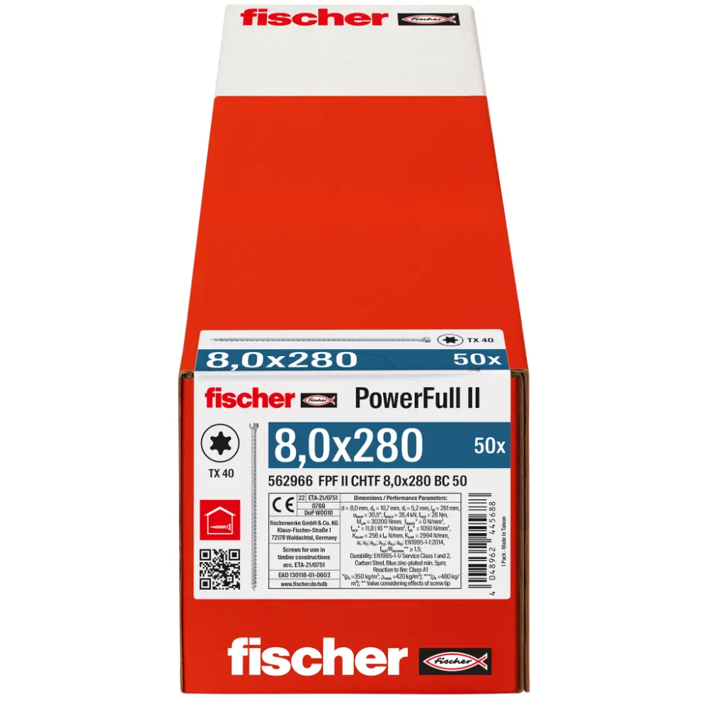 Fischer Vollgewindeschraube 8,0x280 PowerFull FPF II CHTF 6/8 BC, Vollgewinde, Zylinderkopf, TX