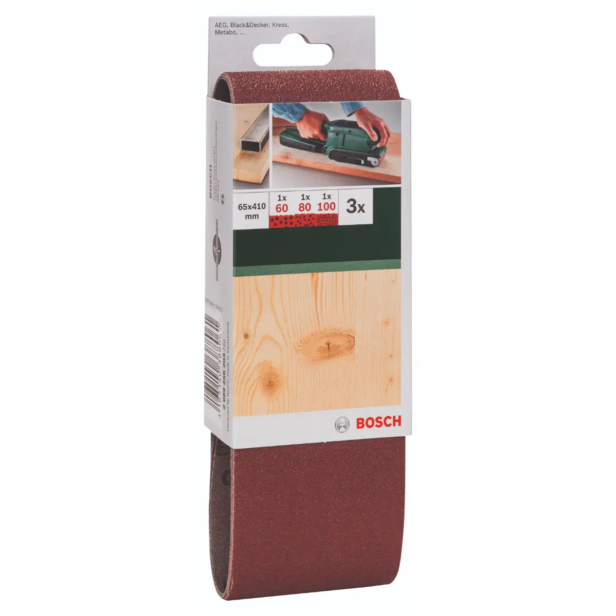 Bosch Schleifband-Set für Bandschleifer, rote Qualität K=60/80/100, 65x410 mm, 3-tlg.