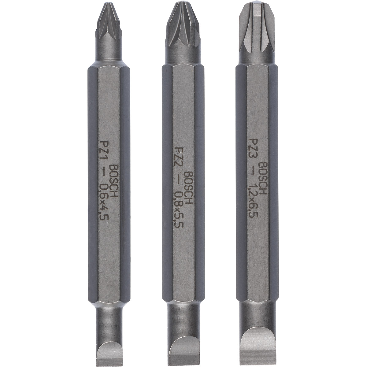 Bosch Doppelklingenbit-Set, 3-teilig, S 1,2x6,5, S 0,6x4,5, S 0,8x5,5, PZ1, PZ2, PZ3, 60 mm