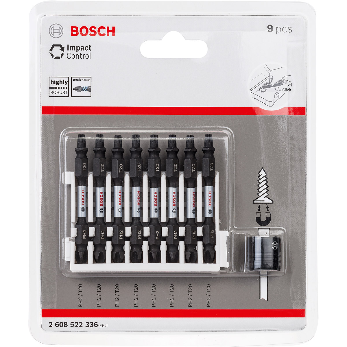 Bosch Doppelklingenbit-Set Impact Control, 9-teilig, PH2-T20, 65 mm, Magnethülse