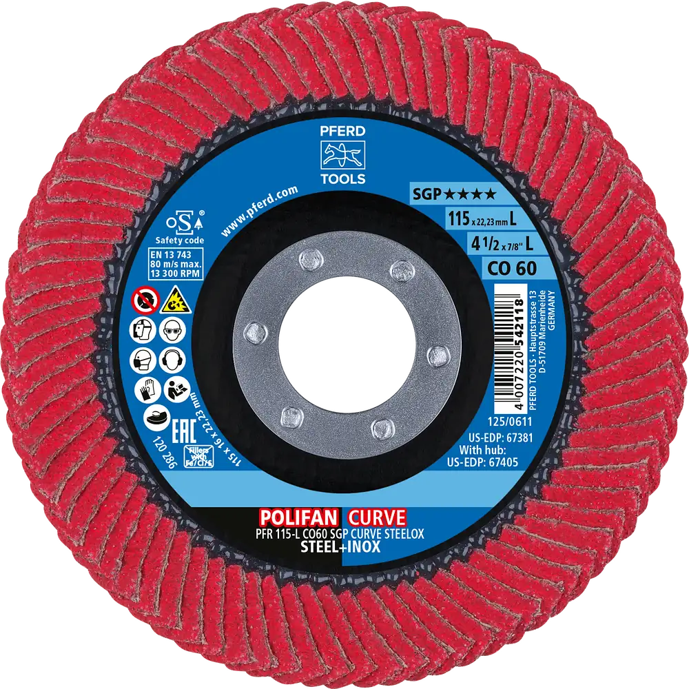 PFERD TOOLS POLIFAN CURVE Fächerscheibe PFR 115x22,23 mm Breite L CO60 SGP STEELOX für Stahl/Edelstahl (POS 2)