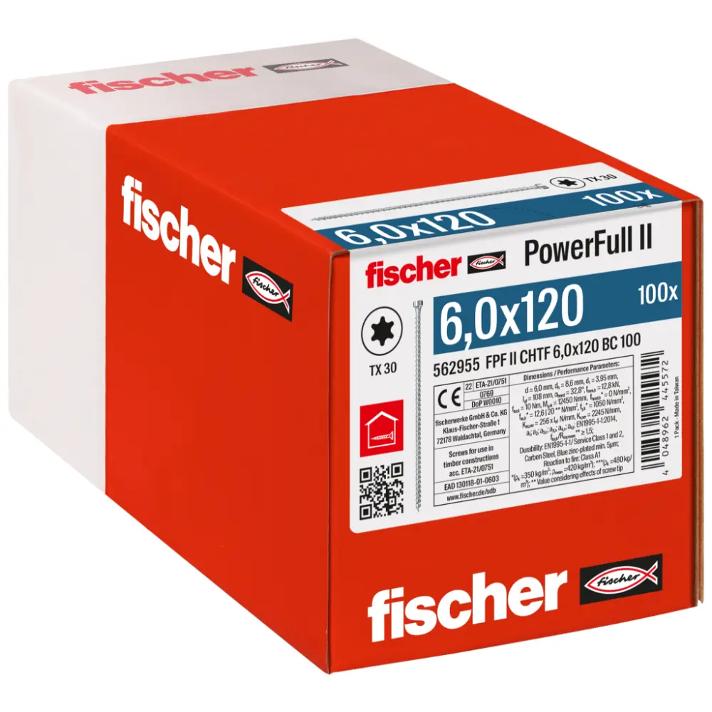 Fischer Vollgewindeschraube 6,0x120 PowerFull FPF II CHTF 6/8 BC, Vollgewinde, Zylinderkopf, TX