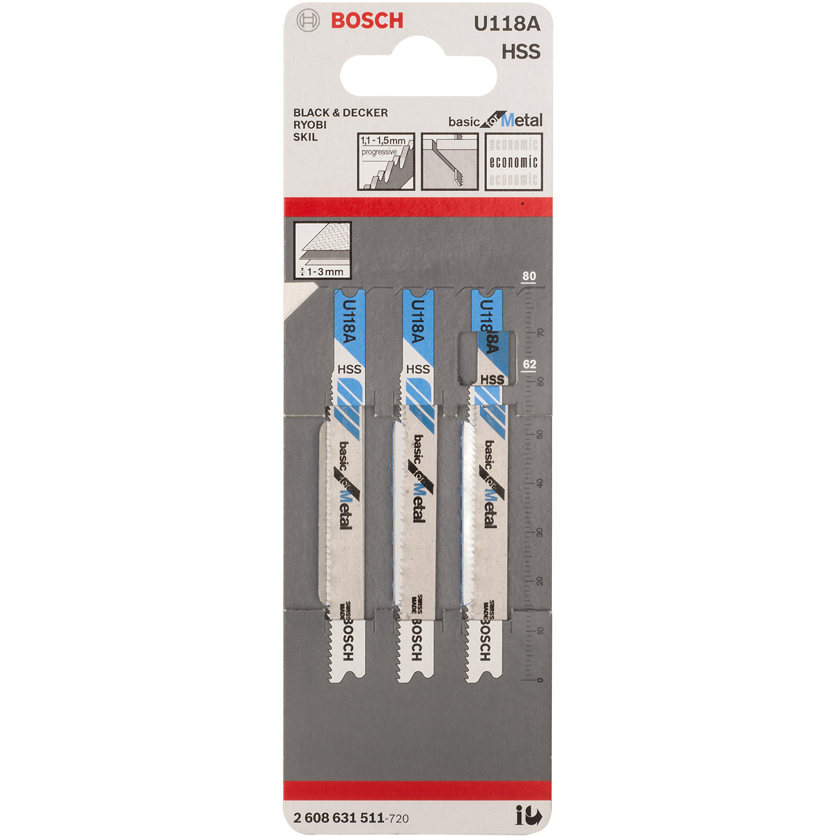 Bosch Stichsägeblatt U 118 A Basic for Metal, 3er-Pack