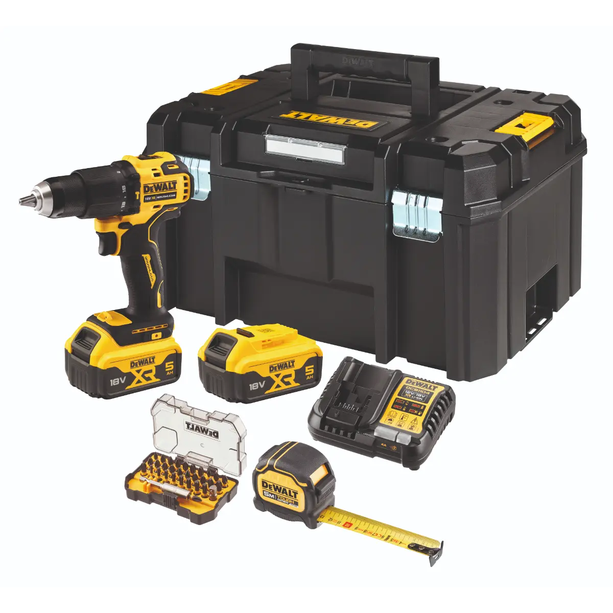DEWALT 18 V / 5Ah Akku-Schlagbohrschrauber, inkl. 2 Akkus, System-Schnellladegerät, Bandmaß, Speed Square-Anschlagwinkel und Bit-Set