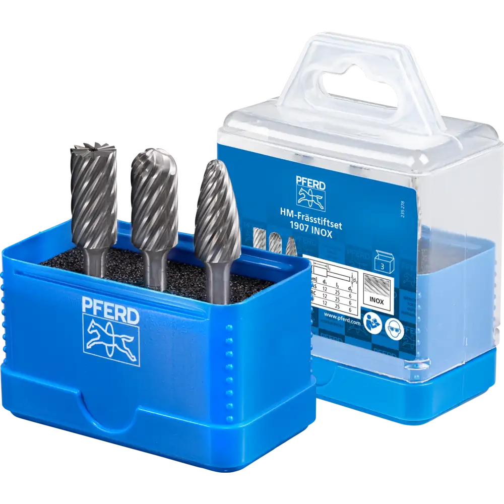 PFERD TOOLS Hartmetall Hochleistungsfrässtift Set 1907 INOX 3-tlg. 12mm Schaft 6 mm für Edelstahl