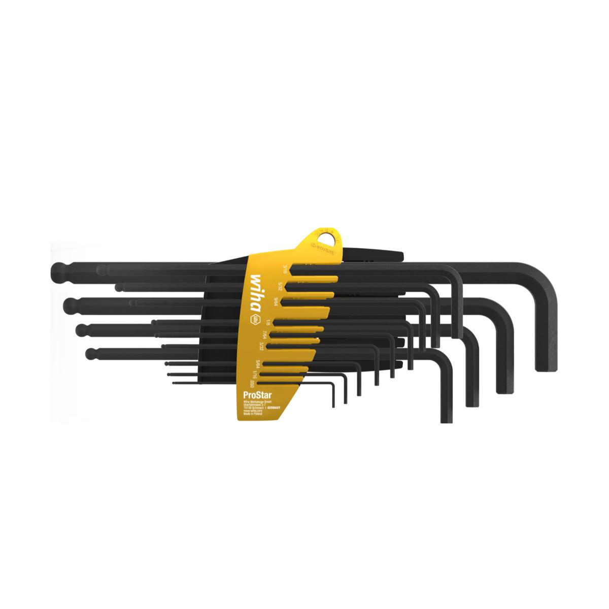 Wiha Stiftschlüssel Set im ProStar Halter Sechskant-Kugelkopf 13-teilges Set schwarzoxidiert Zoll-Ausführung in SB-Kartonverpackung
