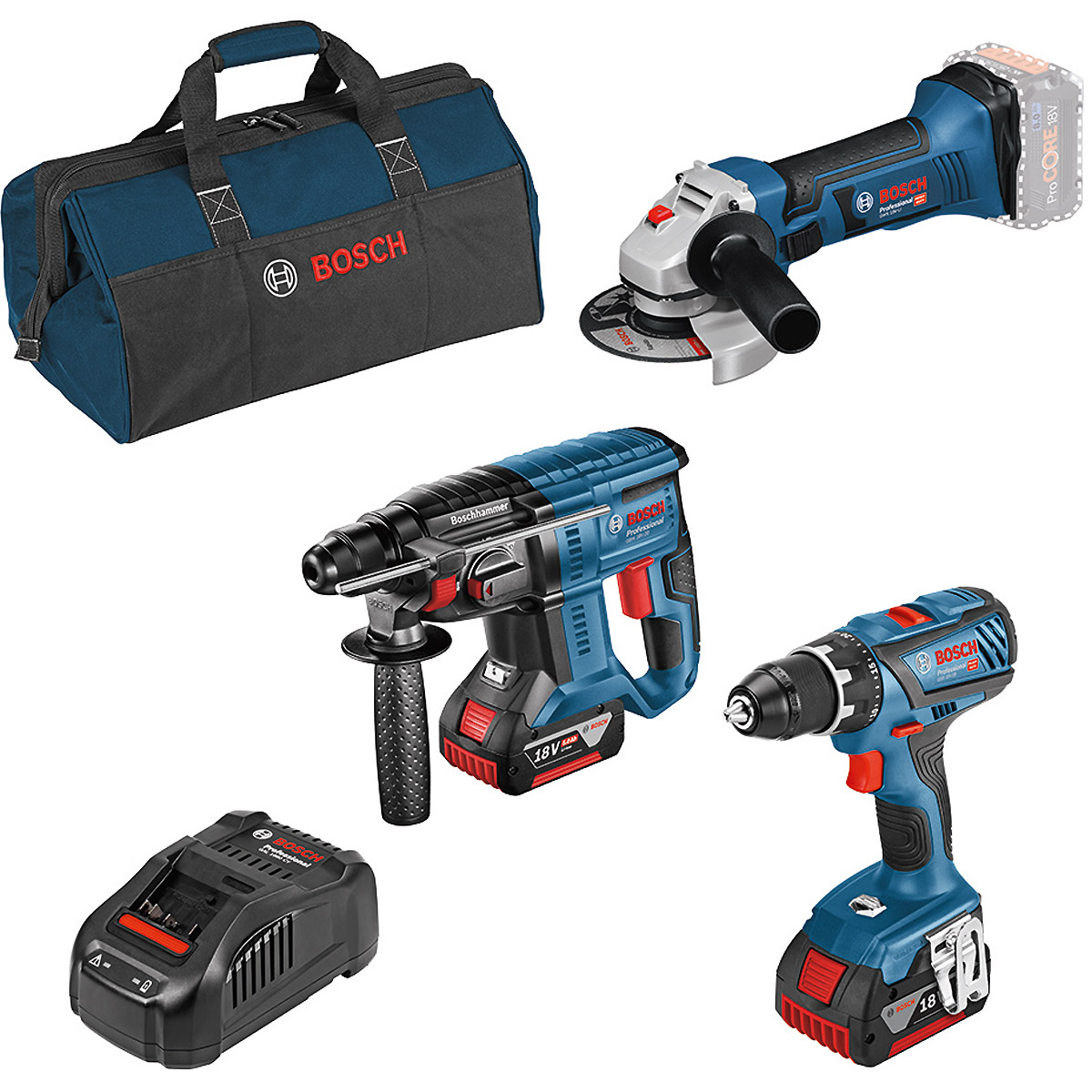 Bosch Combo Kit 3-tlg. 18V: GSR + GBH + GWS + 2 x GBA 5,0 Ah + GAL
