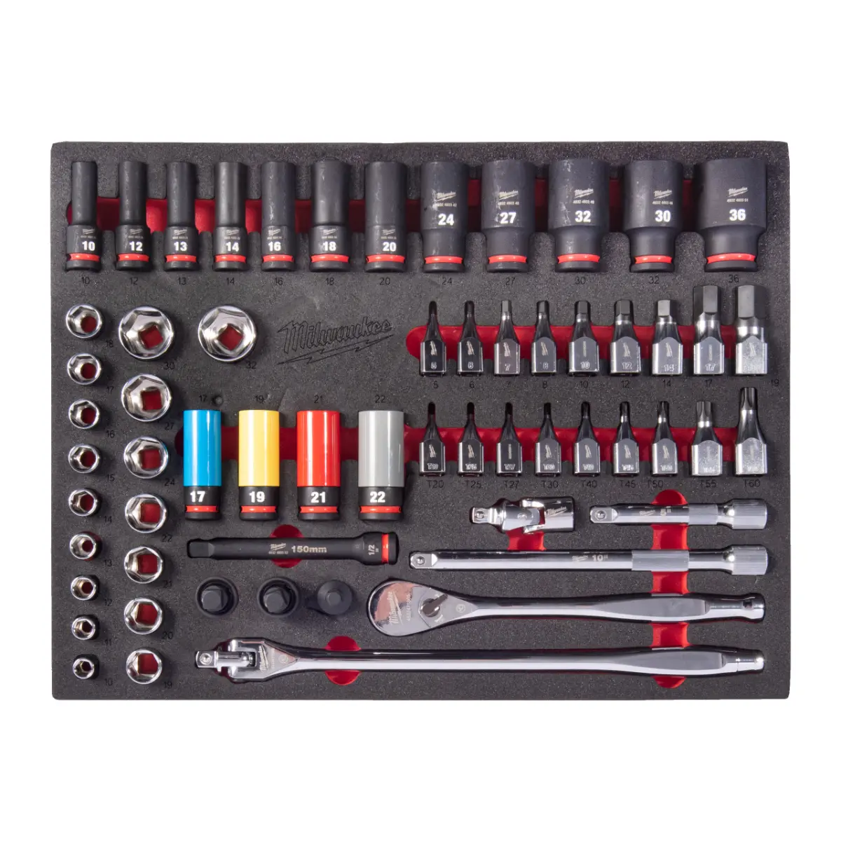 Milwaukee 1/2" Ratschen und SHOCKWAVE Schlagnuss Einlage 60-teilige Einlage für Werkstattwagen