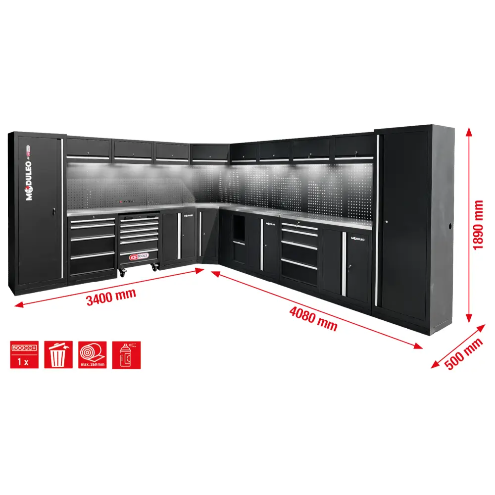 KS TOOLS Werkstatt-Schranksystem, L-Form, 3400 x 4080 mm, Variante 1