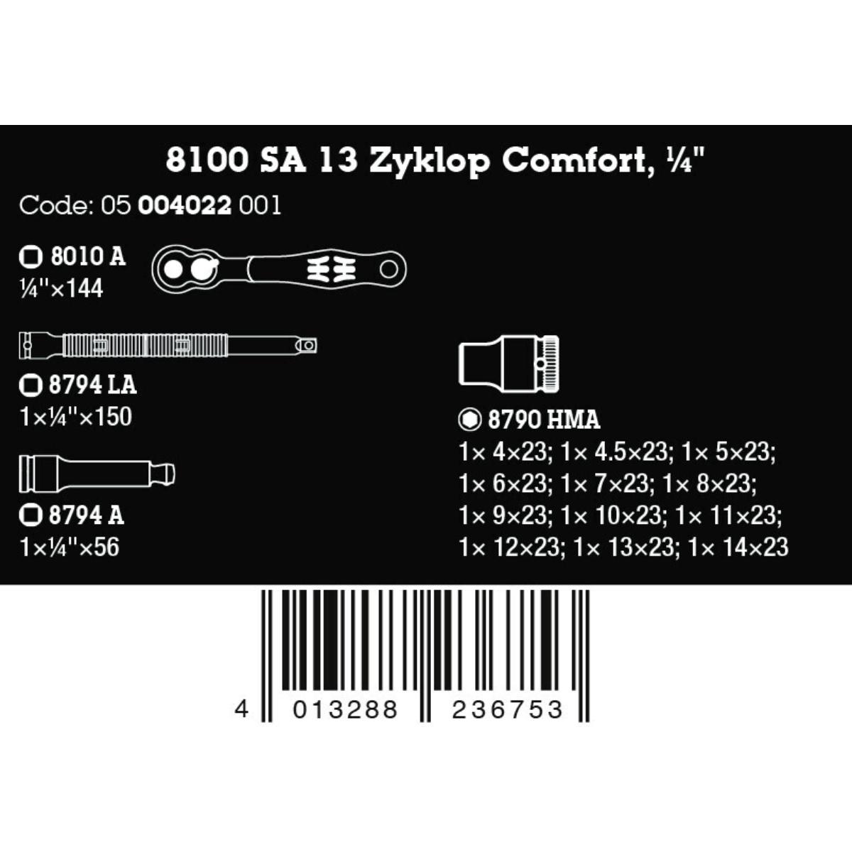 Wera 8100 SA 13 Zyklop Comfort Knarrensatz, Umschalthebel, 1/4"-Antrieb, metrisch, 15-teiliges Set
