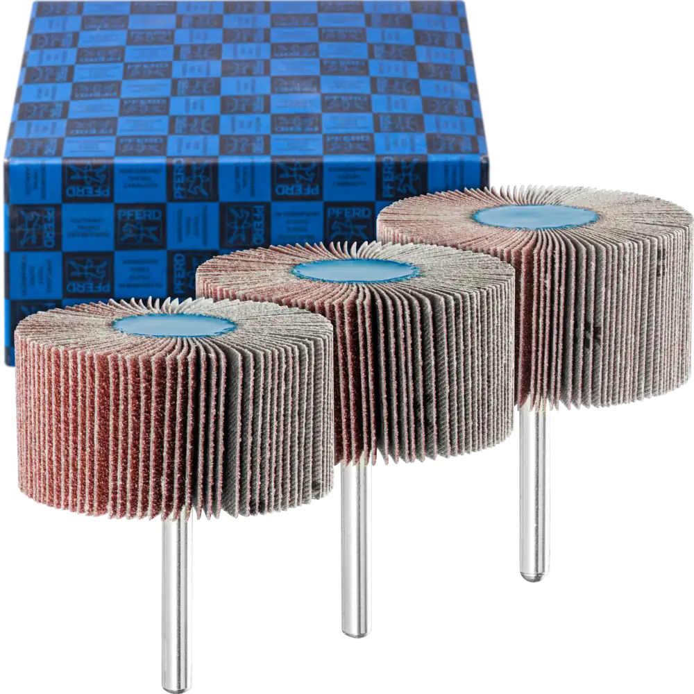 PFERD TOOLS Fächerschleifer-Set 3-tlg. Korund 60x30mm Schaft 6 mm A60, 80,120 für Feinschliff