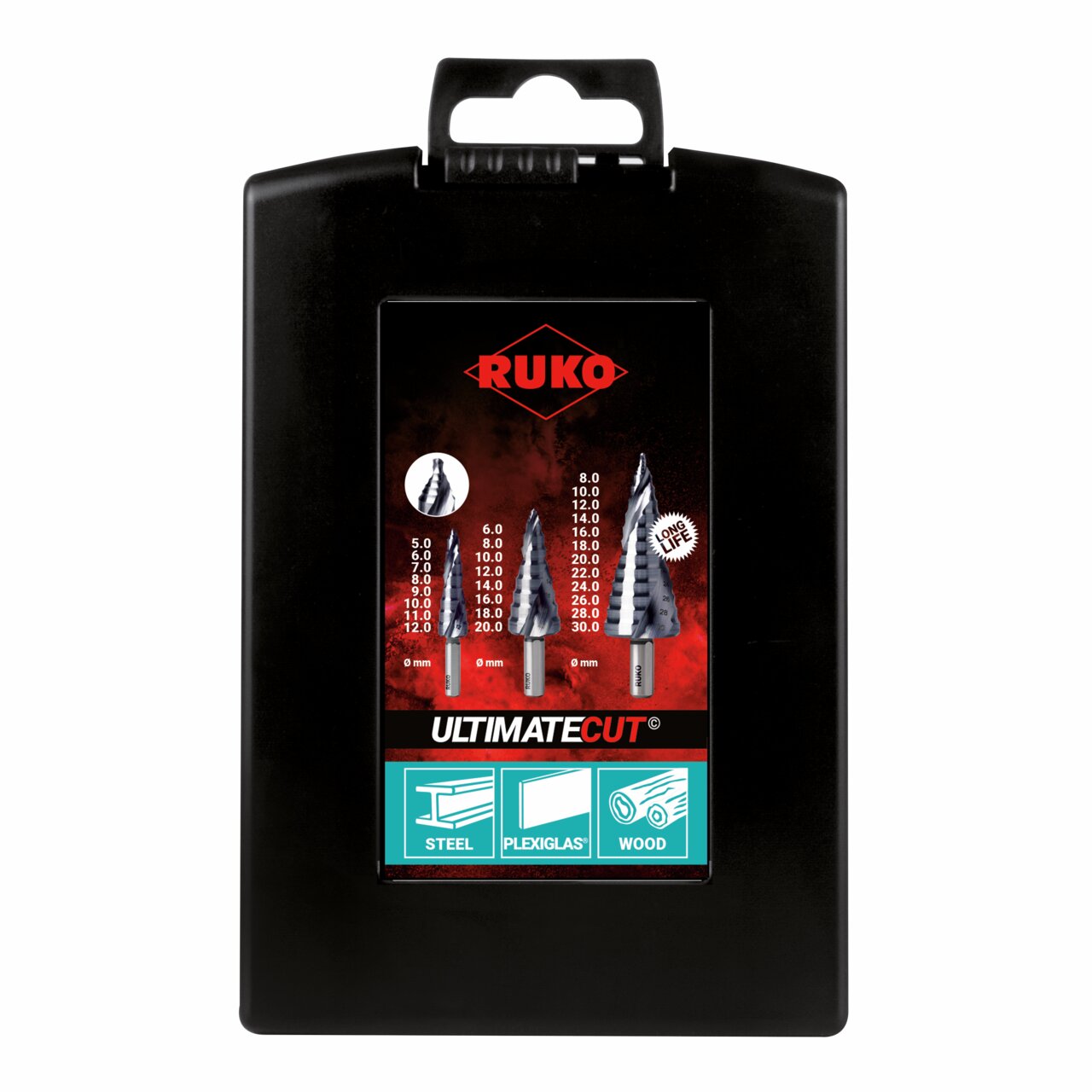 RUKO ULTIMATECUT Stufenbohrer-Satz HSS RUnaTEC mit FLOWSTEP® Spitze - 3 tlg