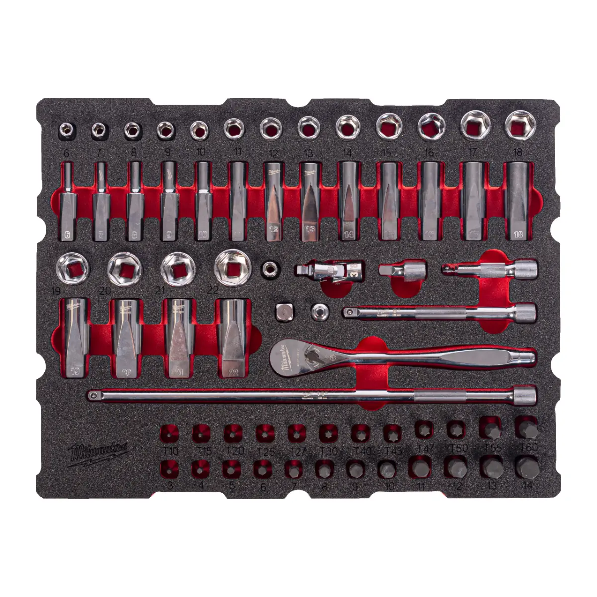 Milwaukee 3/8" Ratschen- u. Steckschlüsseleinsätze Einlage 67-teilige Einlage für PACKOUT Koffer mit Schubladen