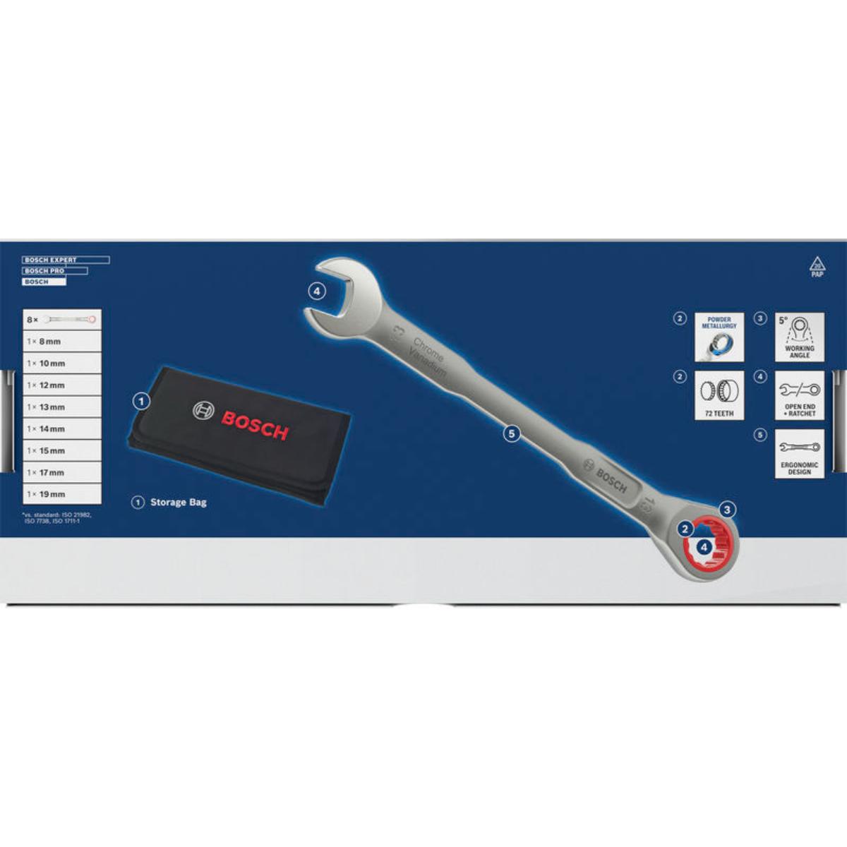 Bosch Ratschen-Ring-Maulschlüssel, 8-19 mm, 8-teilges Set