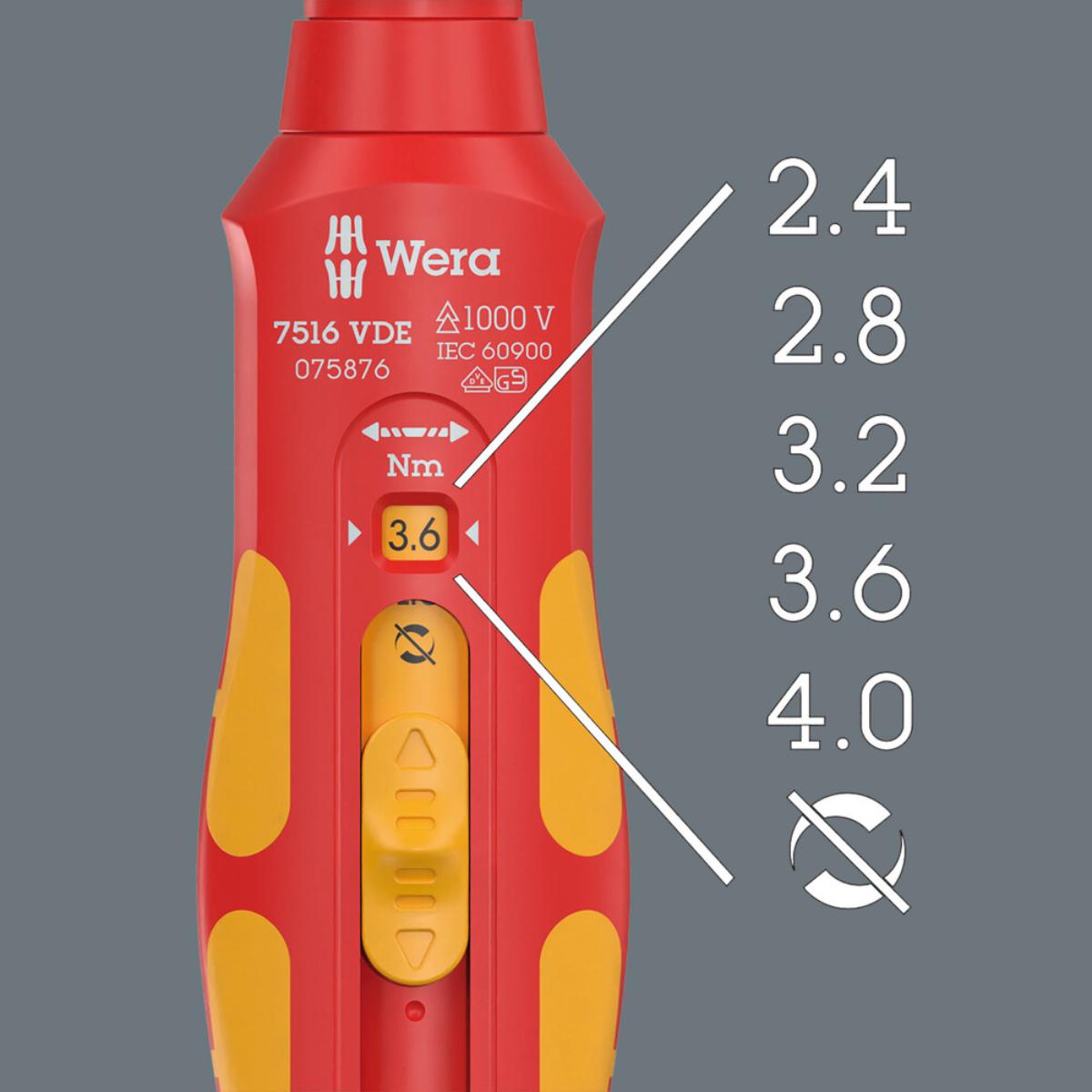 Wera 7516 VDE Kraftform Safe-Torque Speed Drehmomentschraubendreher, 2,4-4,0 Nm, 9 x 2,4 Nm x 2,8 Nm x 3,2 Nm x 3,6 Nm x 4,0 Nm x 192 mm