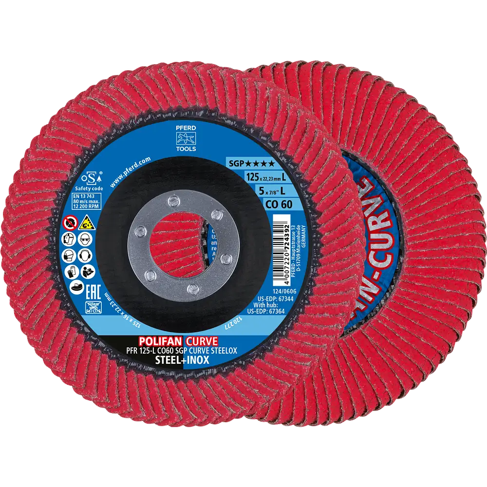 PFERD TOOLS POLIFAN CURVE Fächerscheibe PFR 125x22,23 mm Breite L CO60 SGP STEELOX für Stahl/Edelstahl (POS 2)