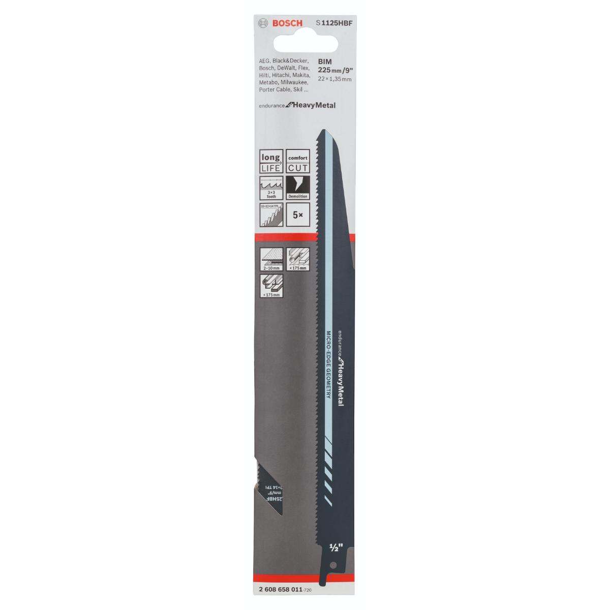 Bosch Säbelsägeblatt S 1125 HBF, Endurance for Heavy Metal, 5er-Pack