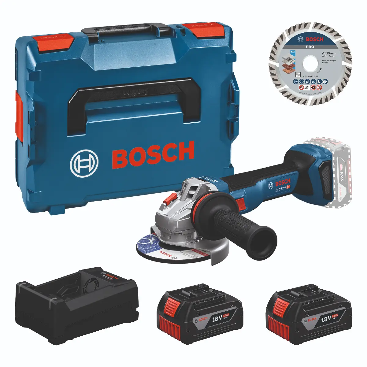 Bosch Werkzeug-Set: GWS 18V-11 S + 2x GBA 5.0Ah + GAL + Trennscheibe 125 in L-BOXX