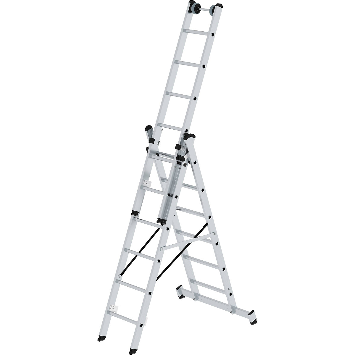 Munk Sprossen-Mehrzweckleiter 3-teilig mit nivello®-Traverse und Wandlaufrollen