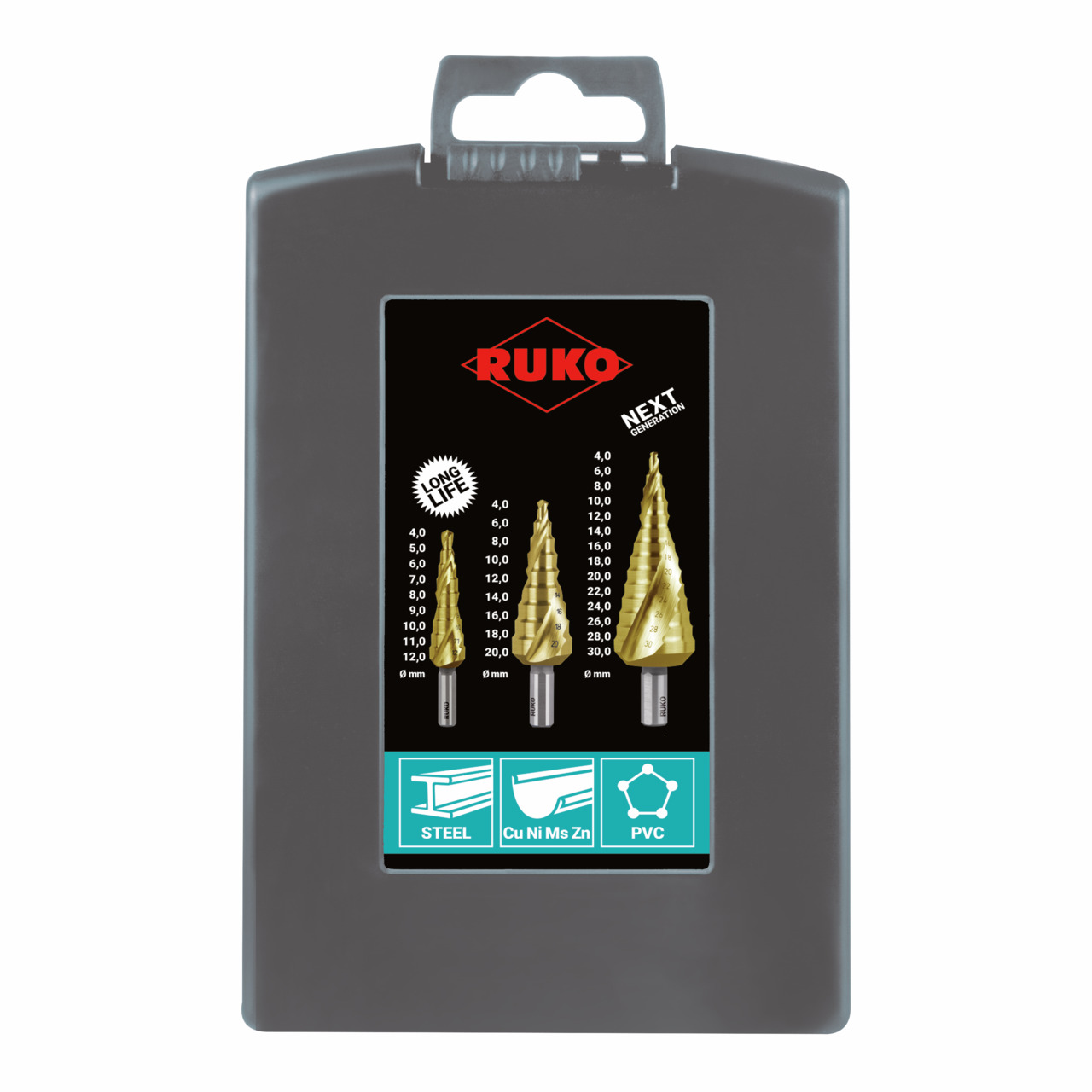 RUKO Stufenbohrer-Satz HSS TiN spiralgenutet - 3-tlg.