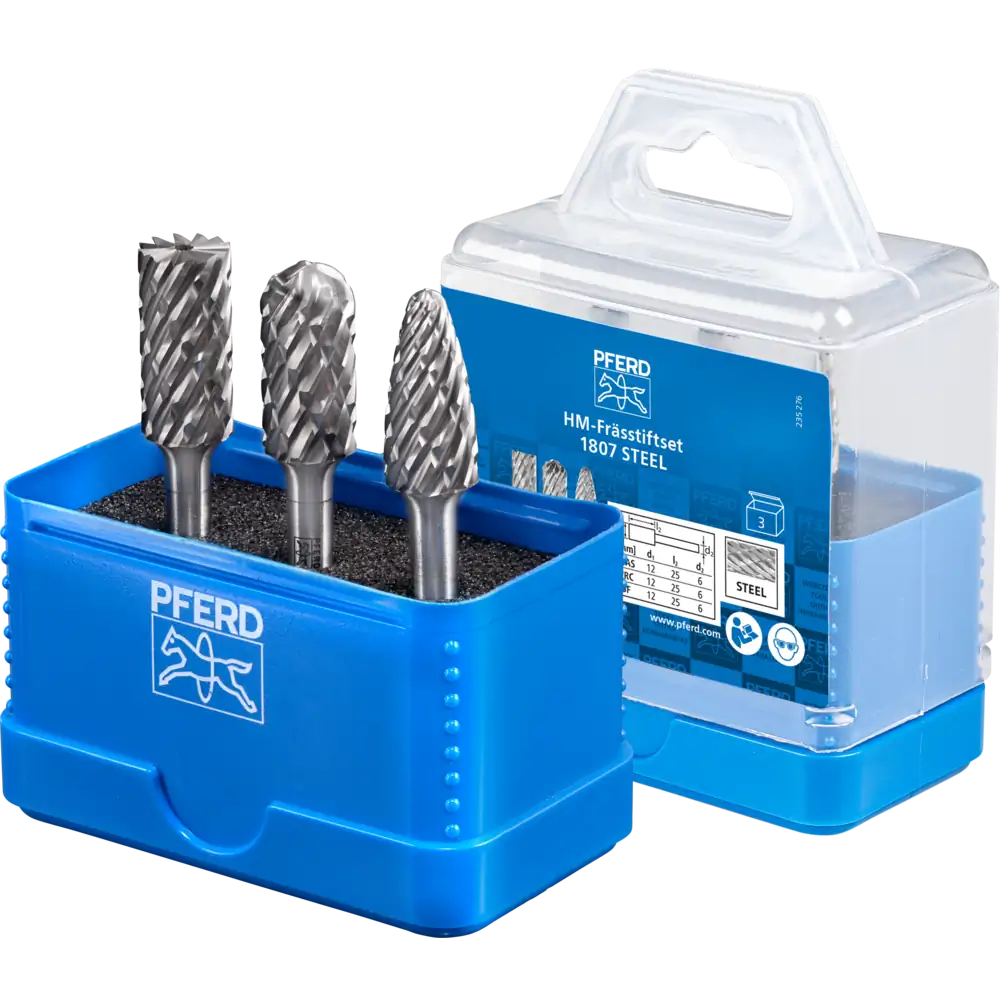 PFERD TOOLS Hartmetall Hochleistungsfrässtift Set 1807 STEEL 3-tlg. 12mm Schaft 6 mm für Stahl