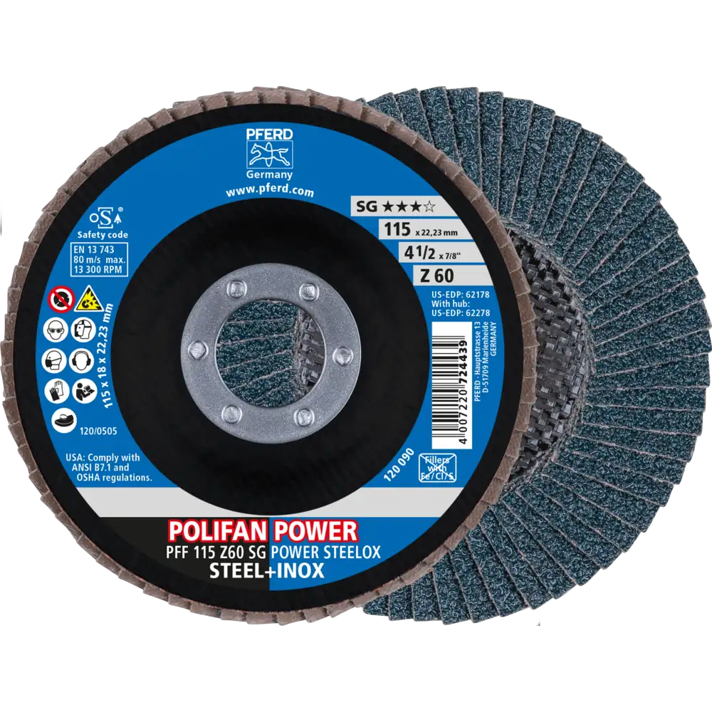 PFERD TOOLS POLIFAN POWER Fächerscheibe PFF flach Zirkonkorund SG STEELOX Stahl/Edelstahl