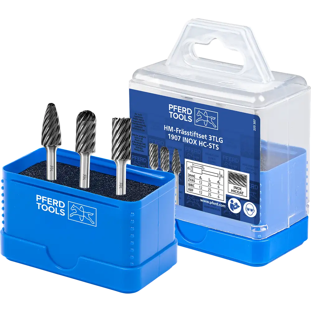 PFERD TOOLS Hartmetall Hochleistungsfrässtift Set 1907 INOX 3-tlg Ø 12mm Schaft-Ø 6mm HICOAT beschichtet beschichtet für Edelstahl