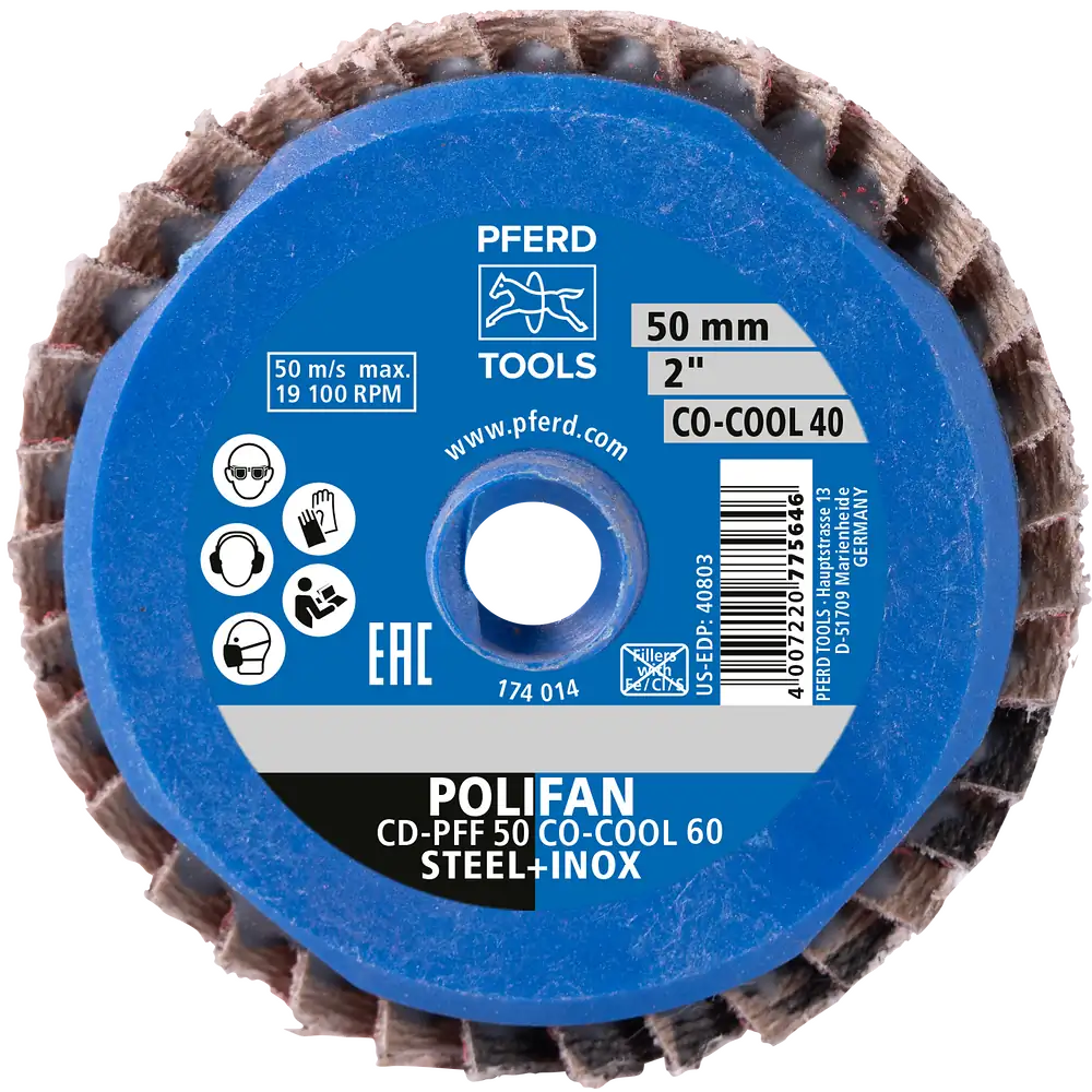 PFERD TOOLS COMBIDISC Keramikkorn Mini-POLIFAN CDR Ø 50mm CO-COOL120 für kühlen Schliff auf Edelstahl