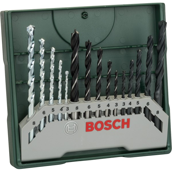 Bosch Mini-X-Line Mixed-Set, 15-teilig, 5 Stein-, 5 Metall-, 5 Holzbohrer