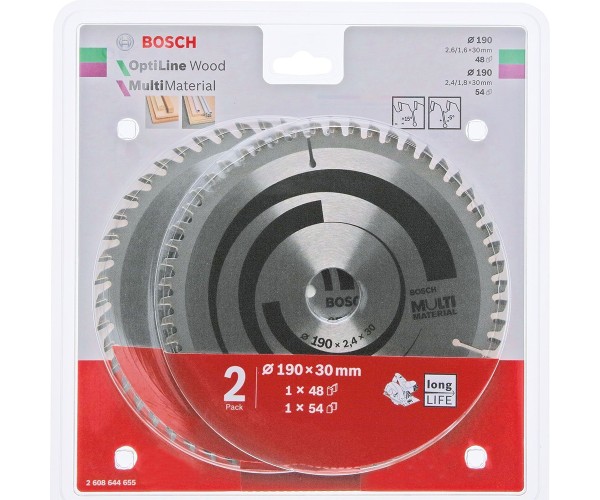 Bosch Kreissägeblatt 2er Pack, 1x Optiline Wood 190x30 + 1x Multi Material 160x20