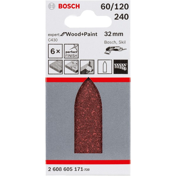 Bosch Schleifblatt C430, 32 mm, 60, 120, 240, ungelocht, Klett, 6er-Pack