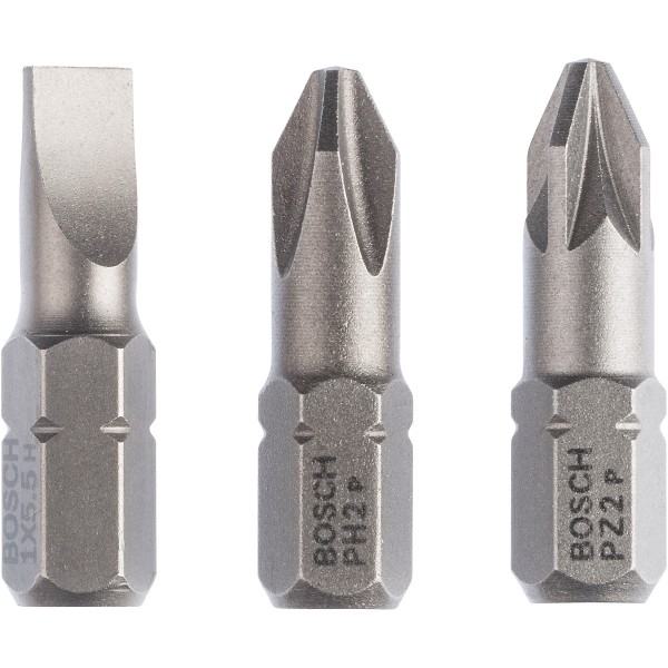Bosch Schrauberbit-Set Extra-Hart (gemischt), 3-teilig, S 1,0x5,5, PH2, PZ2, 25 mm
