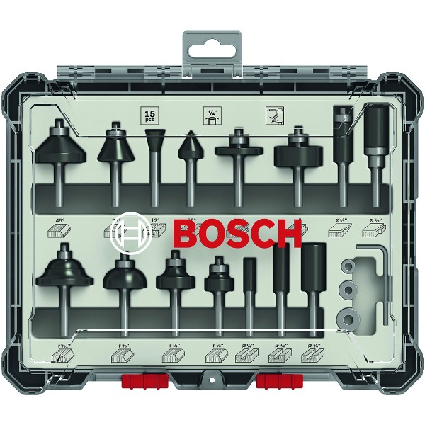 Bosch Fräser-Set für feinen Holzbearbeitung, Schaft (Zoll): 1/4, 15-teilig