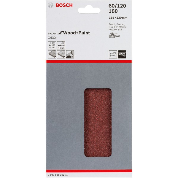 Bosch Schleifblatt C430, 115 x 230 mm, 4 x 60, 4 x 120, 2 x 180, 14 Löcher, 10er-Pack