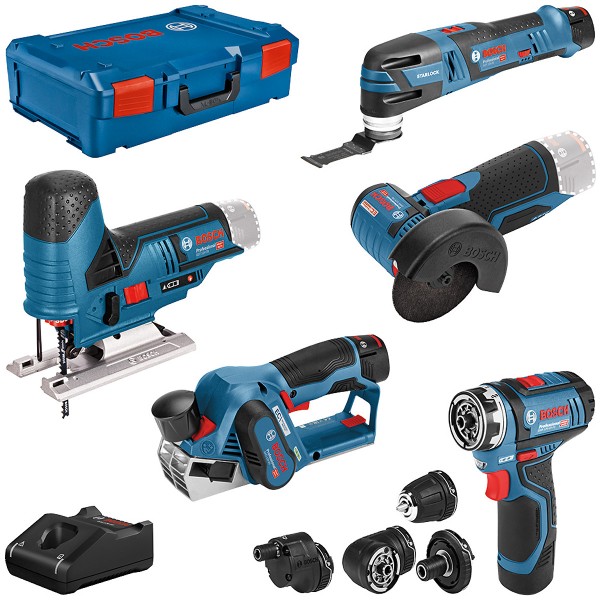 Bosch 12V-Werkzeug-Set 5-teilig GSR + GOP + GHO + GWS + GST + 3x GBA + GAL + XL-BOXX