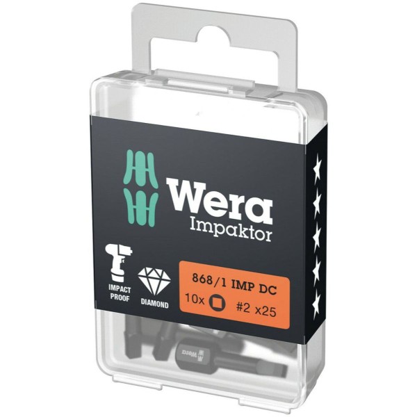 Wera 868/1 IMP DC DIY Impaktor Innenvierkant Bits, # 2 x 25 mm, 10-teilig