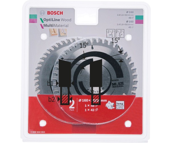 Bosch Kreissägeblatt 2er Pack, 1x Optiline Wood 160x20 + 1x Multi Material 160x20