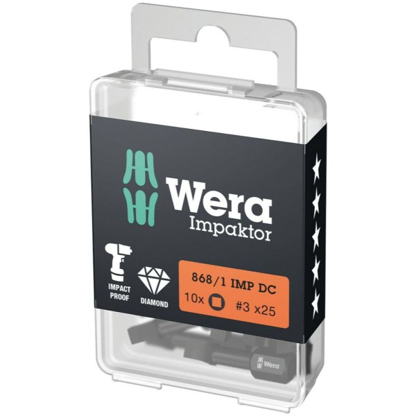 Wera 868/1 IMP DC DIY Impaktor Innenvierkant Bits, # 3 x 25 mm, 10-teilig