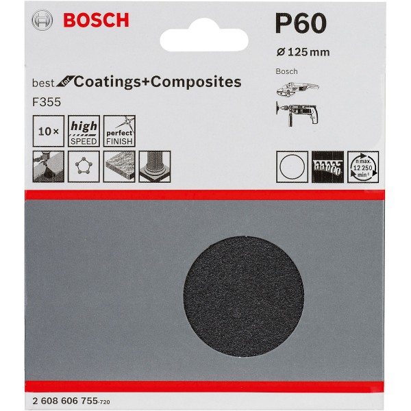 Bosch Schleifblatt Papier F355, 125 mm, ungelocht, Klett, 10er-Pack