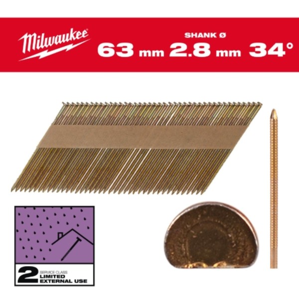 Milwaukee D-Kopf-Nägel 34° Ringschaft SC2, ø 2,8mm 2.200 Stück, verzinkt