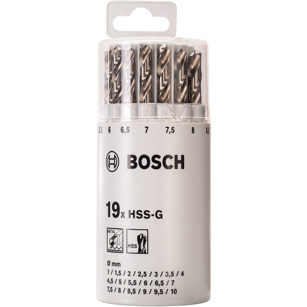 Bosch Metallbohrer-Set HSS-G, DIN 338, 135°, 19-teilig, 1 - 10 mm, Kunststoffrunddose