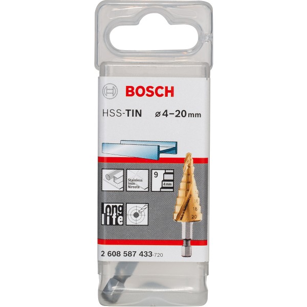 Bosch Stufenbohrer HSS-TiN, 4 - 20 mm, 1/4 Zoll, 70,5 mm, 9 Stufen