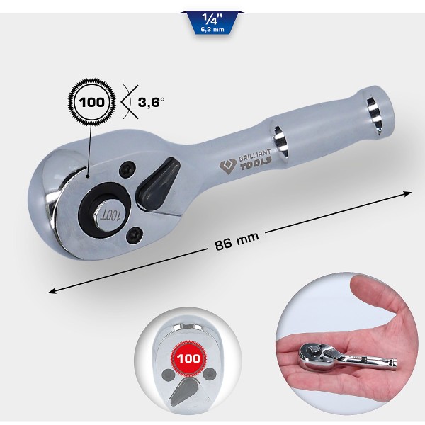 Brilliant Tools 1/4" Mini-Umschaltknarre mit Metallgriff, 100 Zahn